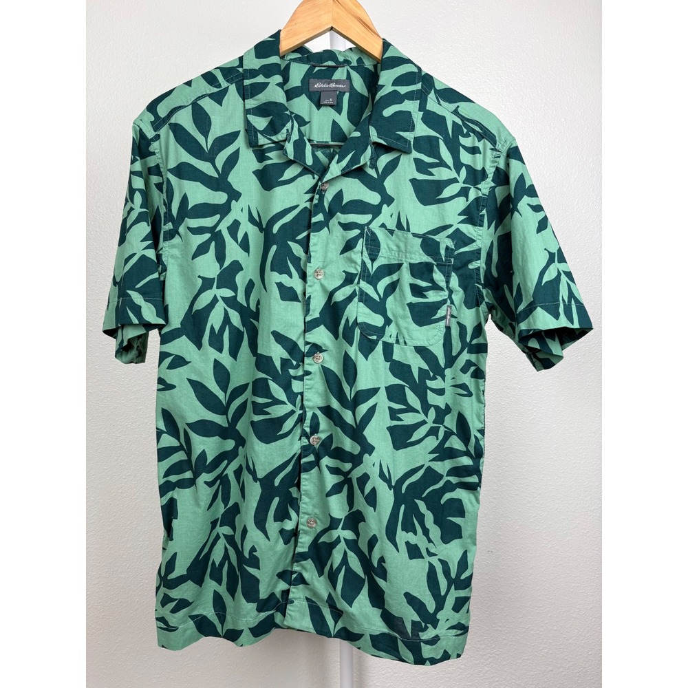 Eddie Bauer Mens Green Tropical Print 100% Cotton Short Sleeve Camp Shirt Small